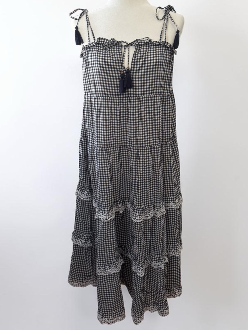 J. Crew Scalloped Gingham Maxi Sundress with Tassel Straps - Navy & White